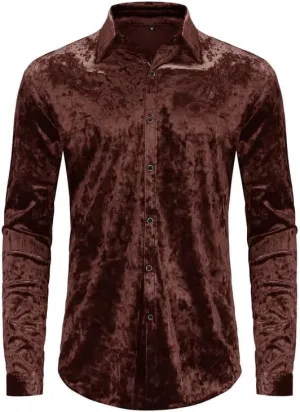 KISSQIQI Mens Dress Shirts Velvet Long Sleeve Shirts Casual Button Down Solid Slim Fit Muscle Shirt for Wedding Party