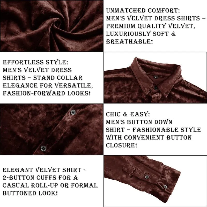 KISSQIQI Mens Dress Shirts Velvet Long Sleeve Shirts Casual Button Down Solid Slim Fit Muscle Shirt for Wedding Party