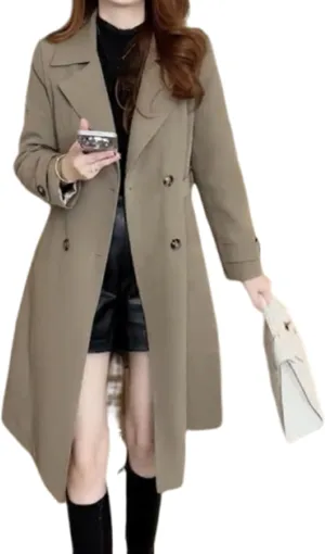 Ladies Trench Coat with Plush Lining,Double Breasted Classic Lapel Dressy Overcoat,Lined Trench Coat