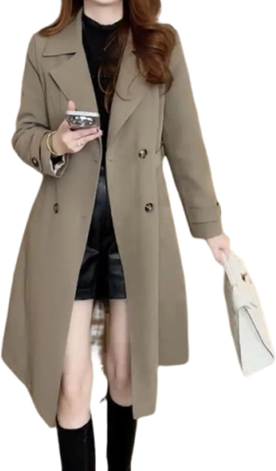 Ladies Trench Coat with Plush Lining,Double Breasted Classic Lapel Dressy Overcoat,Lined Trench Coat