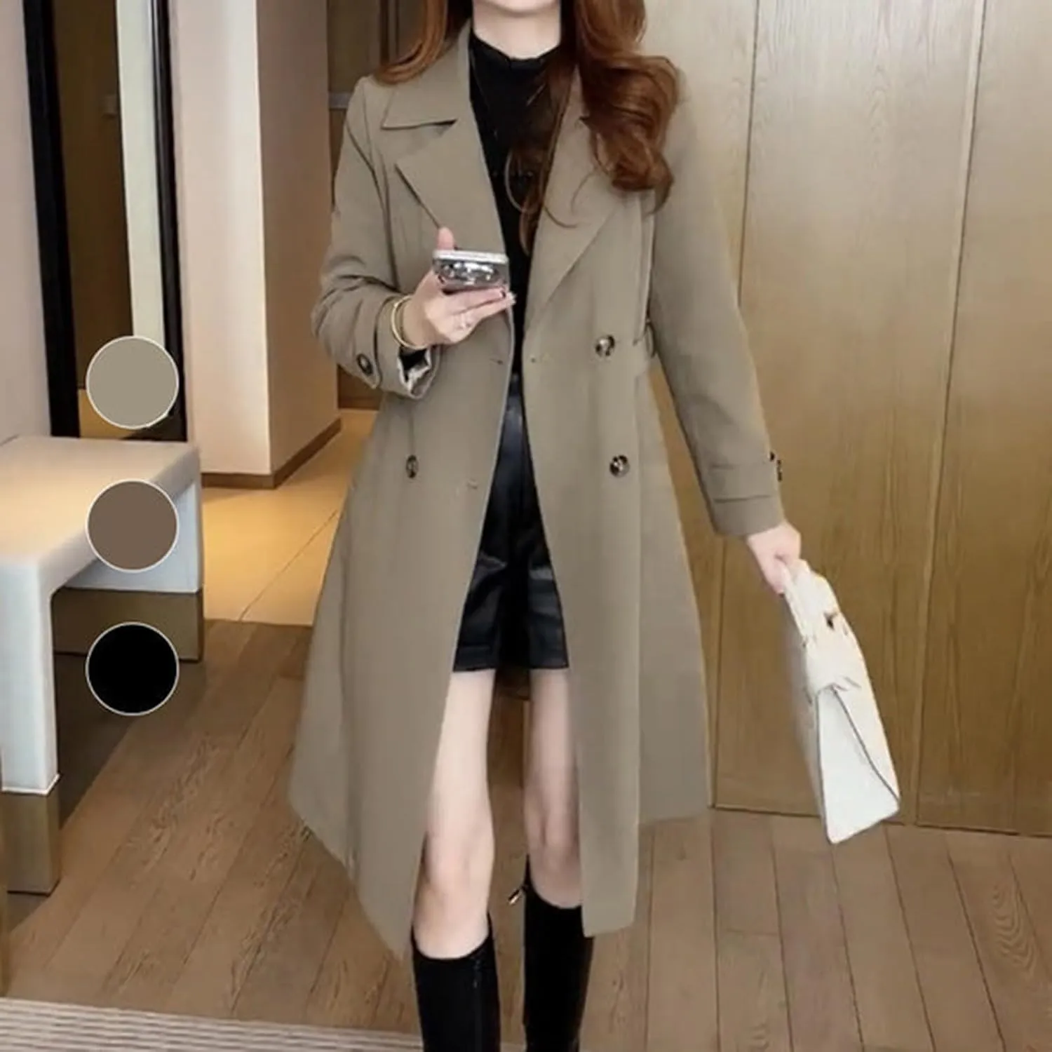 Ladies Trench Coat with Plush Lining,Double Breasted Classic Lapel Dressy Overcoat,Lined Trench Coat