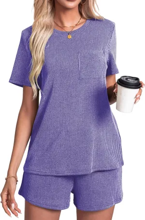 levaca Two Piece Sets for Women Summer Lounge Ribbed Tops and Drawstring Shorts Matching Outfit 2024