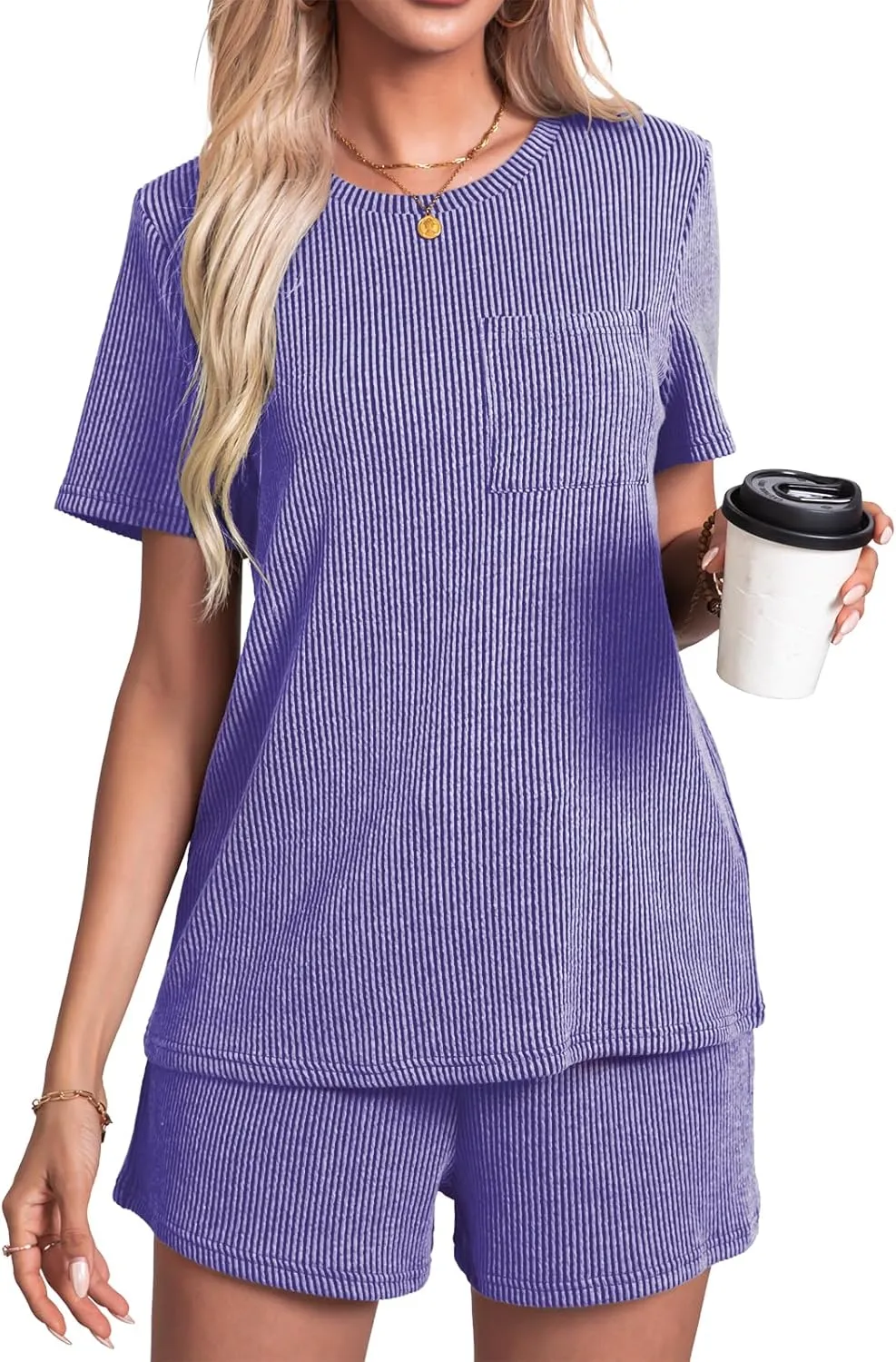 levaca Two Piece Sets for Women Summer Lounge Ribbed Tops and Drawstring Shorts Matching Outfit 2024