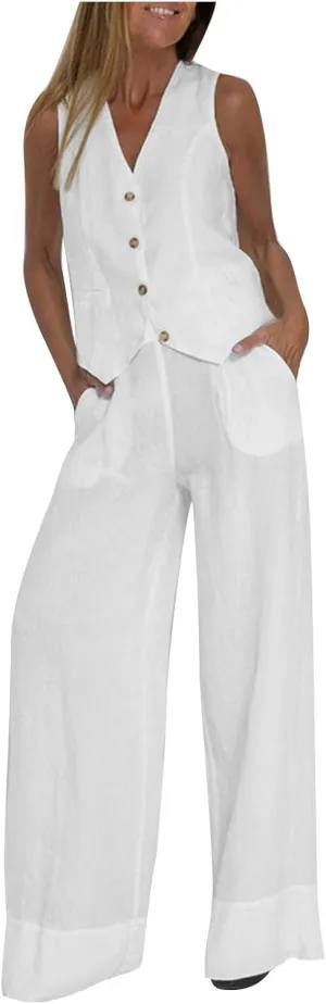 Linen Outfits For Women 2 Piece Set Summer Vacation Outfits 2024 Button Down Vest Wide Leg Pants Matching Lounge Set