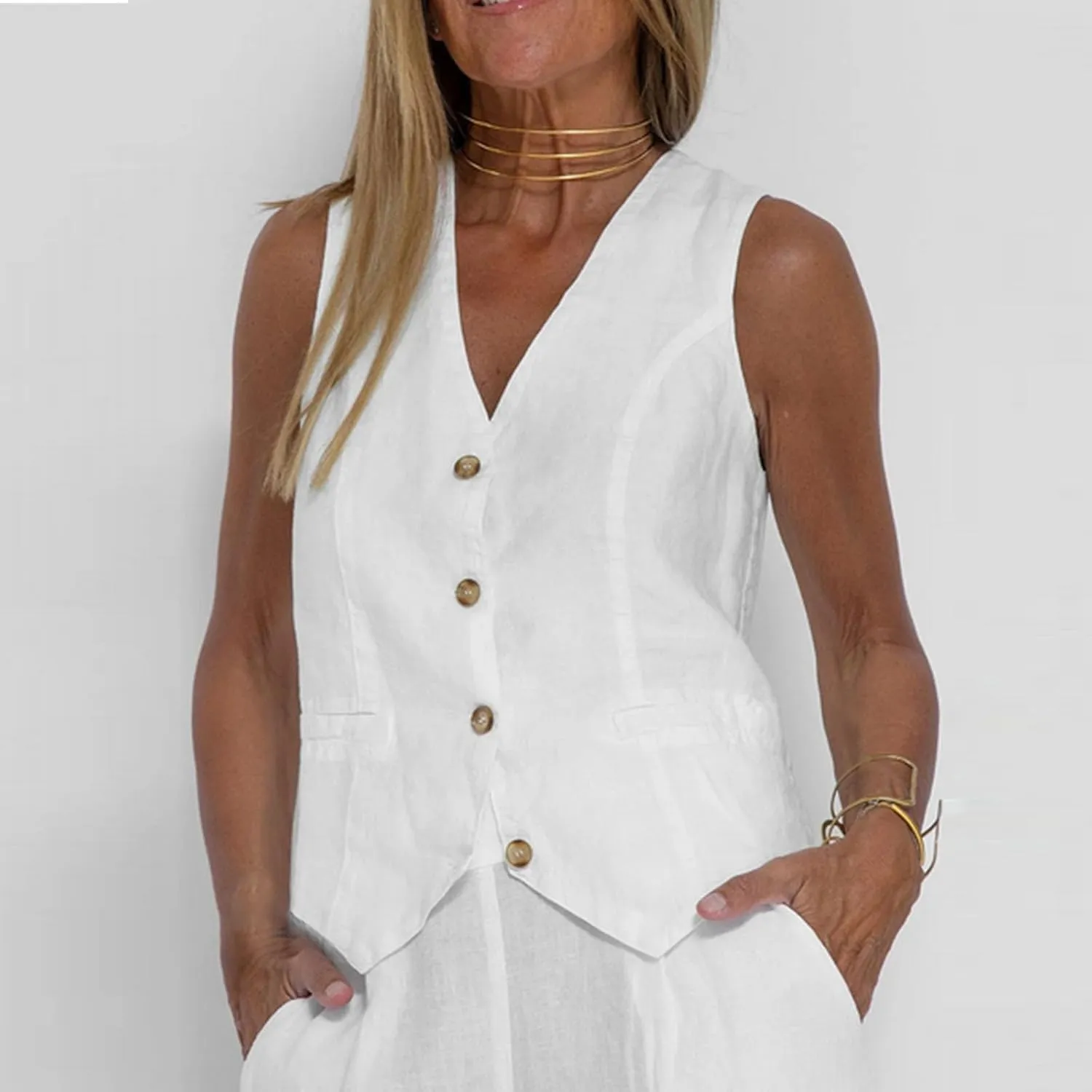Linen Outfits For Women 2 Piece Set Summer Vacation Outfits 2024 Button Down Vest Wide Leg Pants Matching Lounge Set