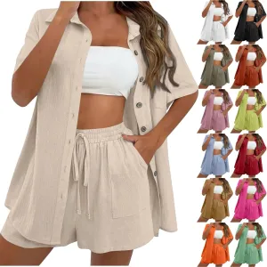 Linen Short Sets for Women Short Sleeve Top and Shorts 2 Piece Summer Beach Vacation Outfits Lounge Tracksuits
