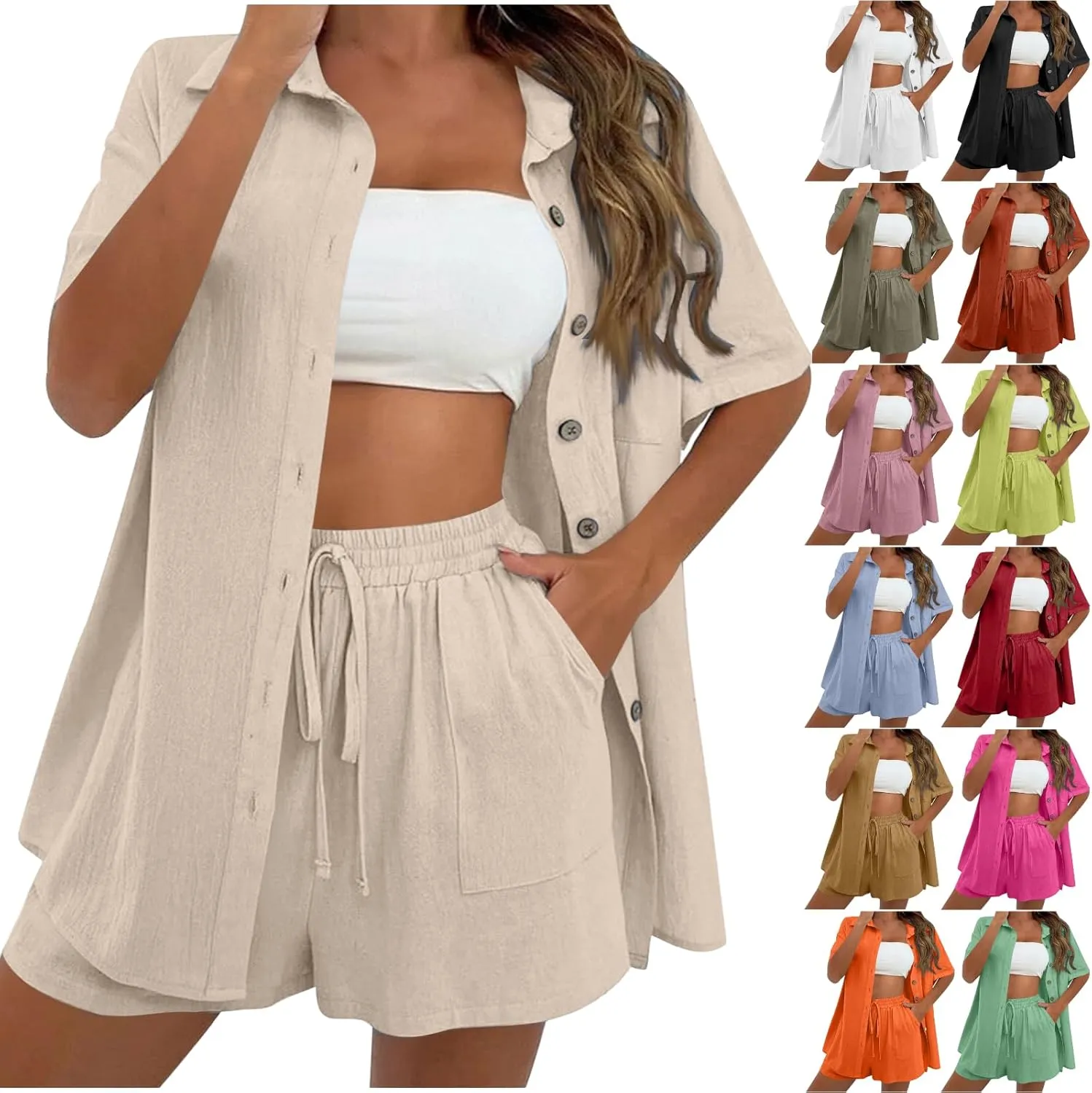 Linen Short Sets for Women Short Sleeve Top and Shorts 2 Piece Summer Beach Vacation Outfits Lounge Tracksuits