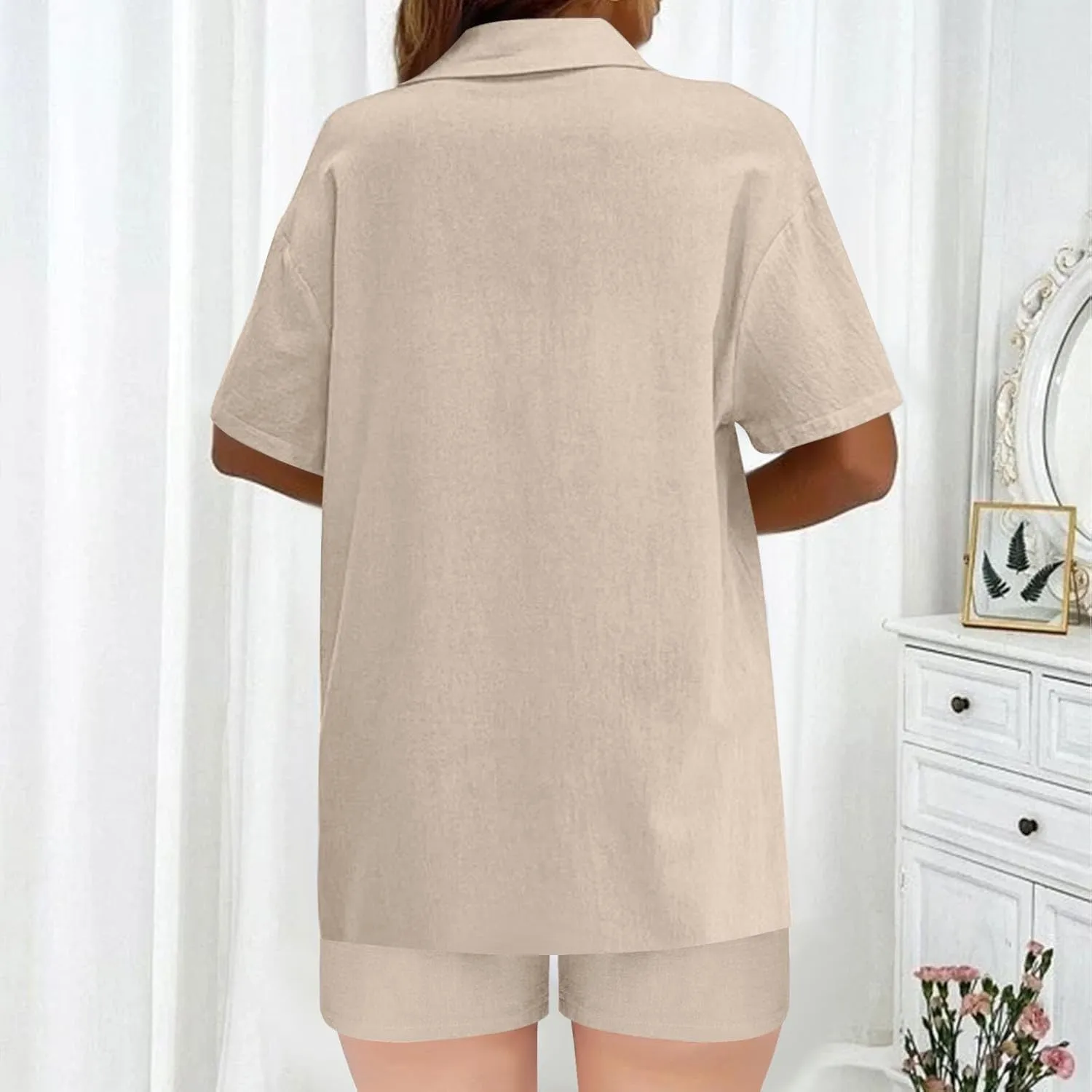 Linen Short Sets for Women Short Sleeve Top and Shorts 2 Piece Summer Beach Vacation Outfits Lounge Tracksuits