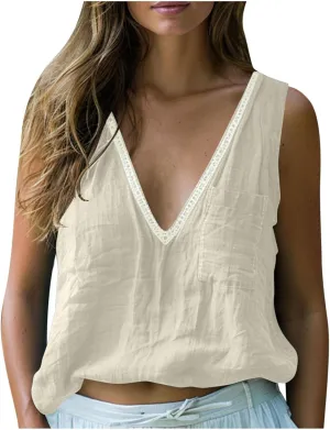 Linen Sleeveless Tank Tops for Women Lace Trim V Neck Basic Summer Blouse Cute Loose Tunic Shirts