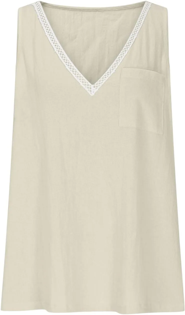 Linen Sleeveless Tank Tops for Women Lace Trim V Neck Basic Summer Blouse Cute Loose Tunic Shirts