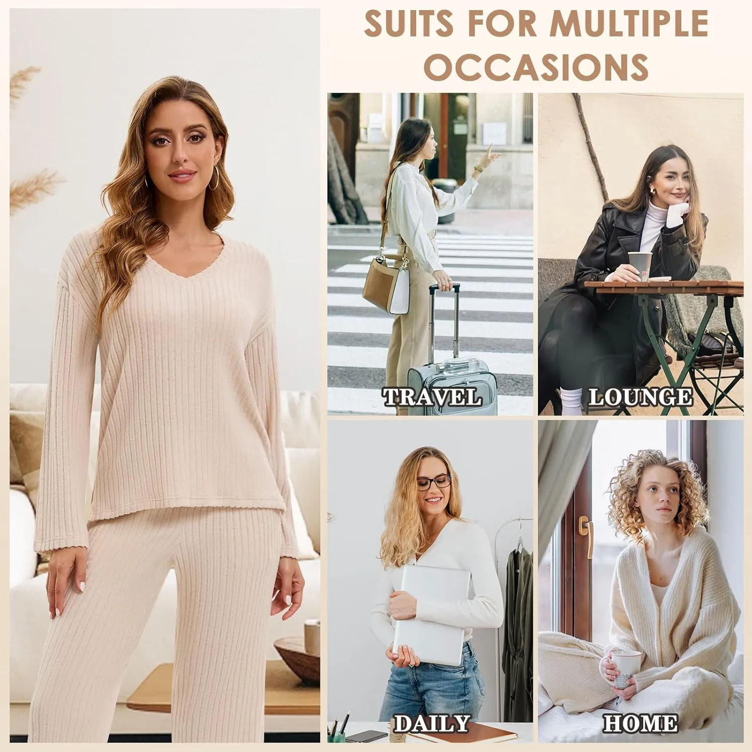 Lounge Sets for Women 2 Piece Ribbed Knit V Neck Long Sleeve Wide Leg Pants Loungewear Pajamas Fall Winter Outfits
