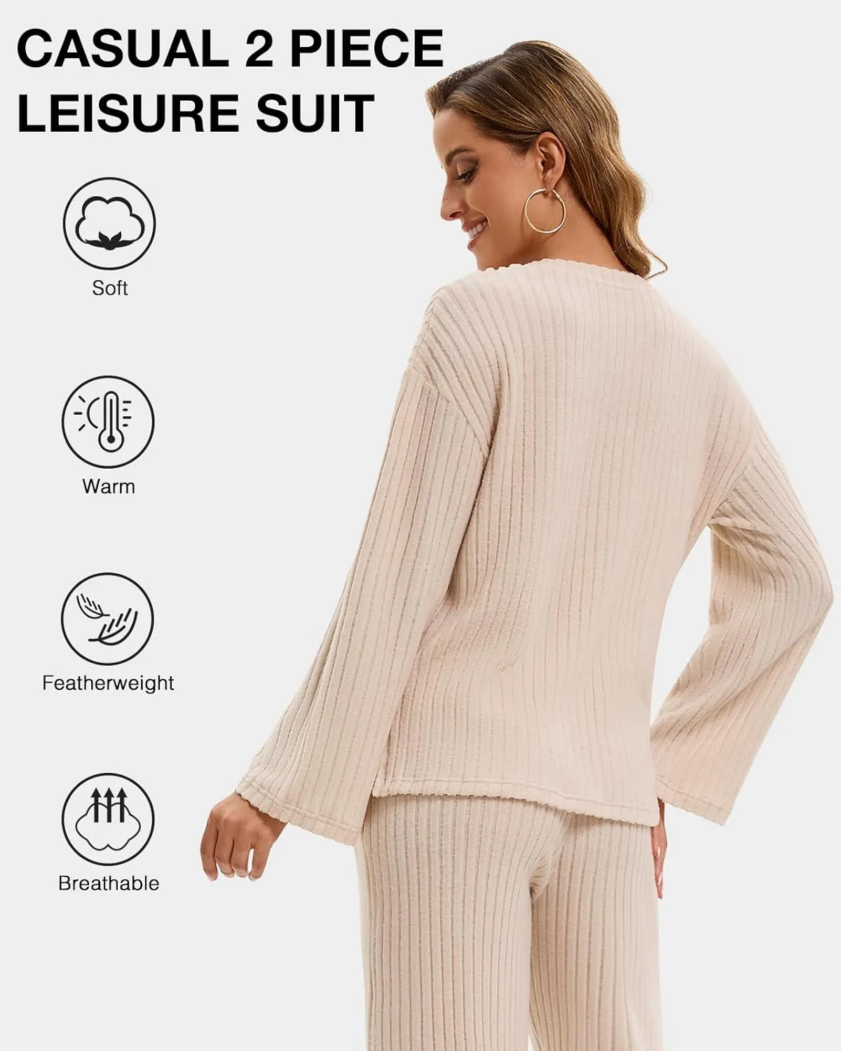 Lounge Sets for Women 2 Piece Ribbed Knit V Neck Long Sleeve Wide Leg Pants Loungewear Pajamas Fall Winter Outfits