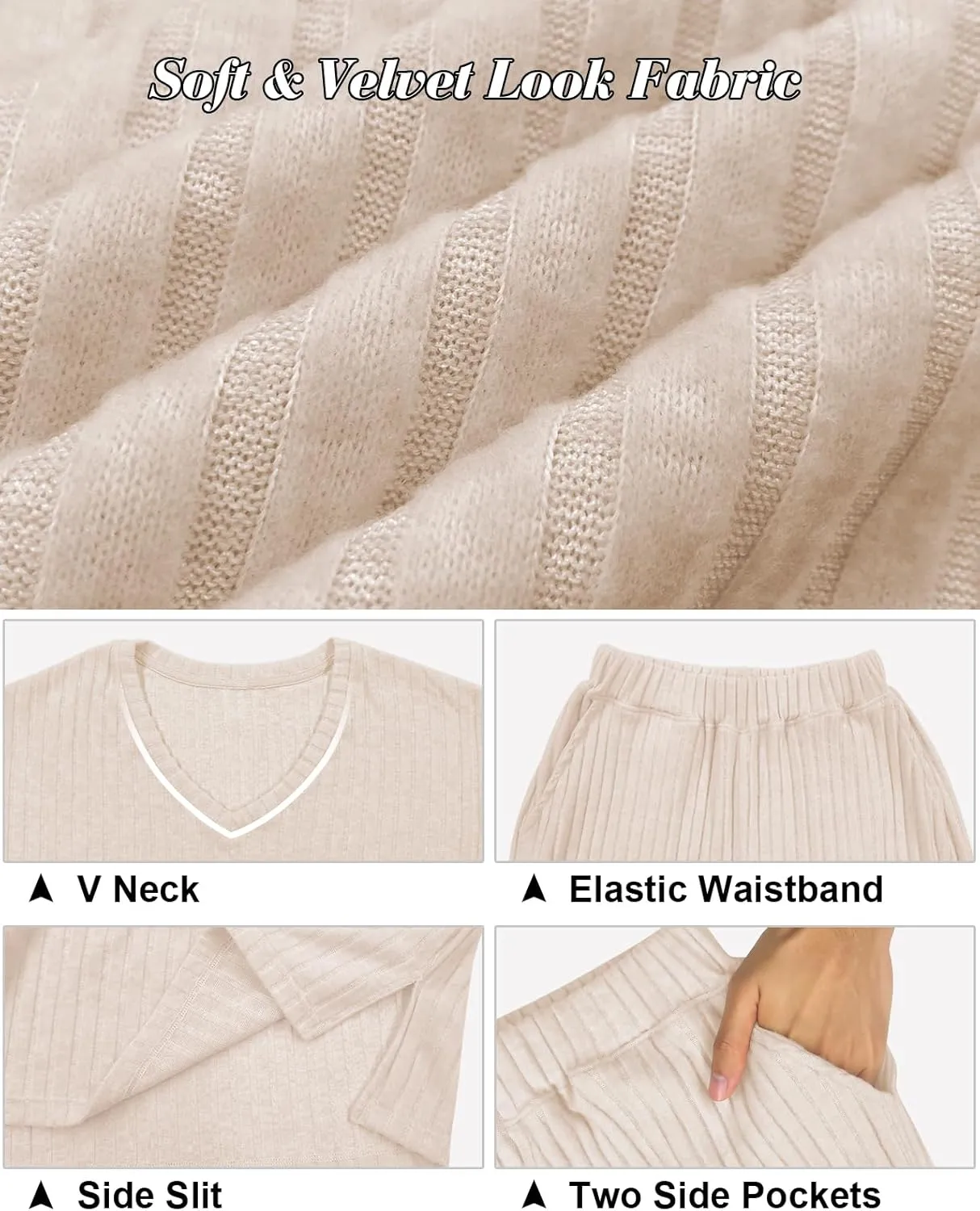 Lounge Sets for Women 2 Piece Ribbed Knit V Neck Long Sleeve Wide Leg Pants Loungewear Pajamas Fall Winter Outfits