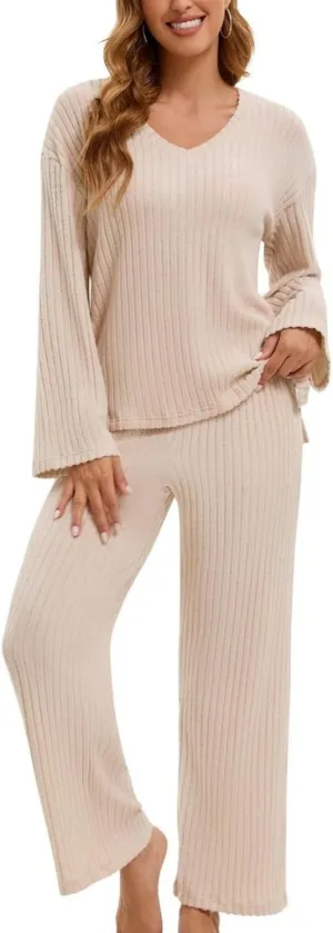 Lounge Sets for Women 2 Piece Ribbed Knit V Neck Long Sleeve Wide Leg Pants Loungewear Pajamas Fall Winter Outfits