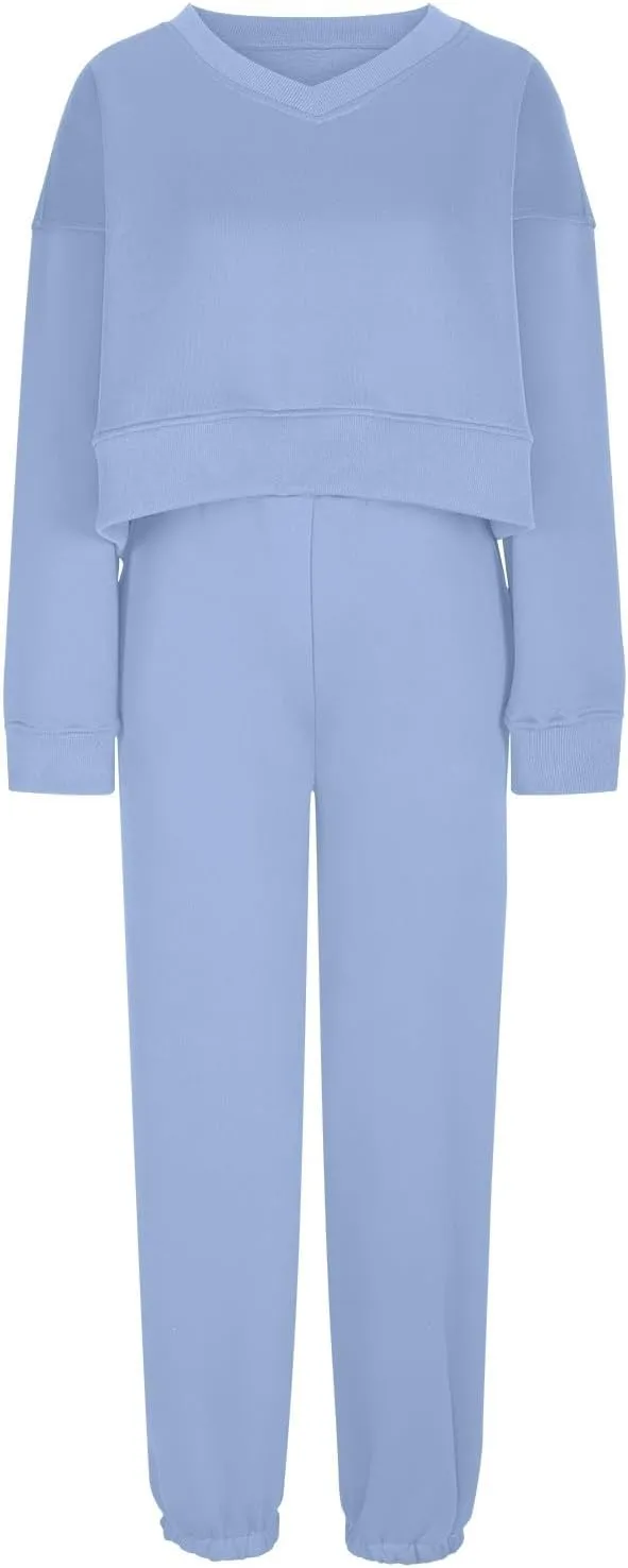 Lounge Sets for Women Crop Long Sleeve V Neck Sweatshirt Drawstring Joggers Sweatpants Suit Womens Fall Fashion 2024