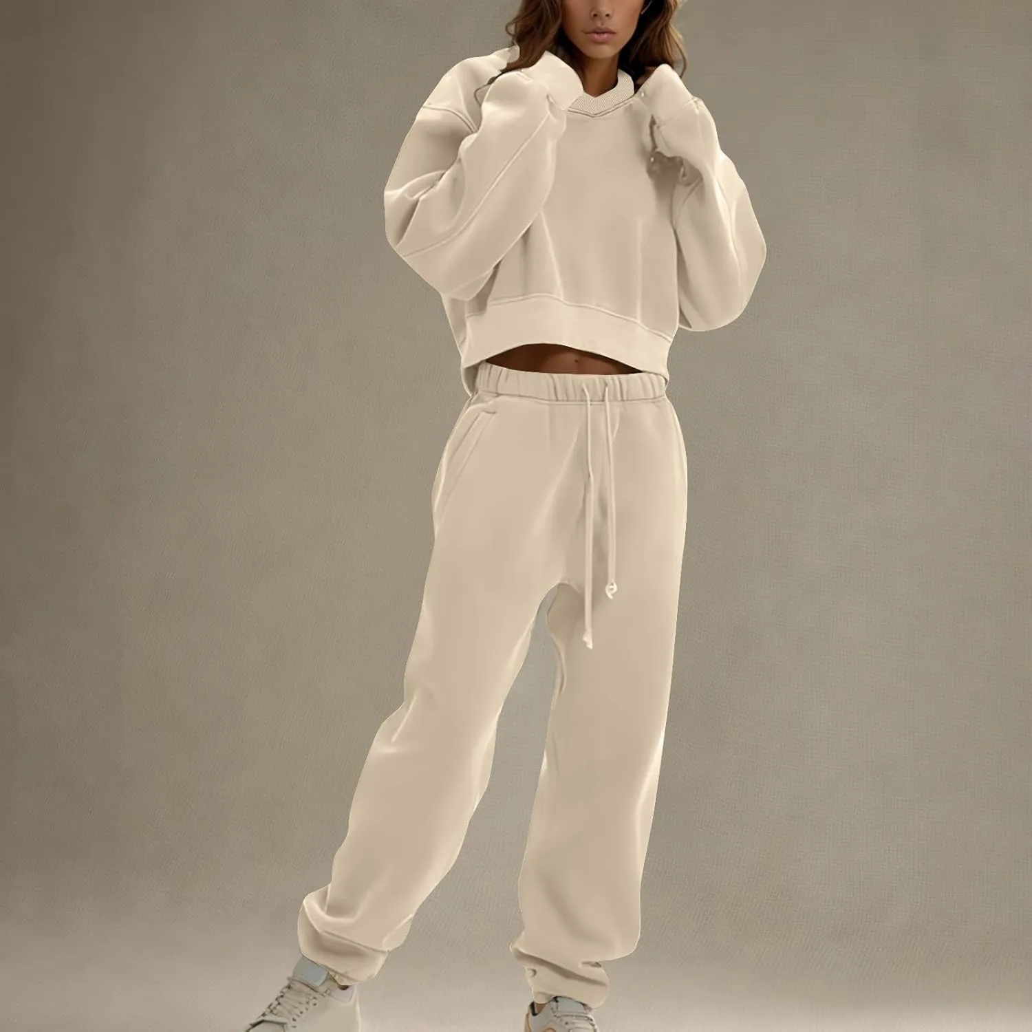 Lounge Sets for Women Crop Long Sleeve V Neck Sweatshirt Drawstring Joggers Sweatpants Suit Womens Fall Fashion 2024