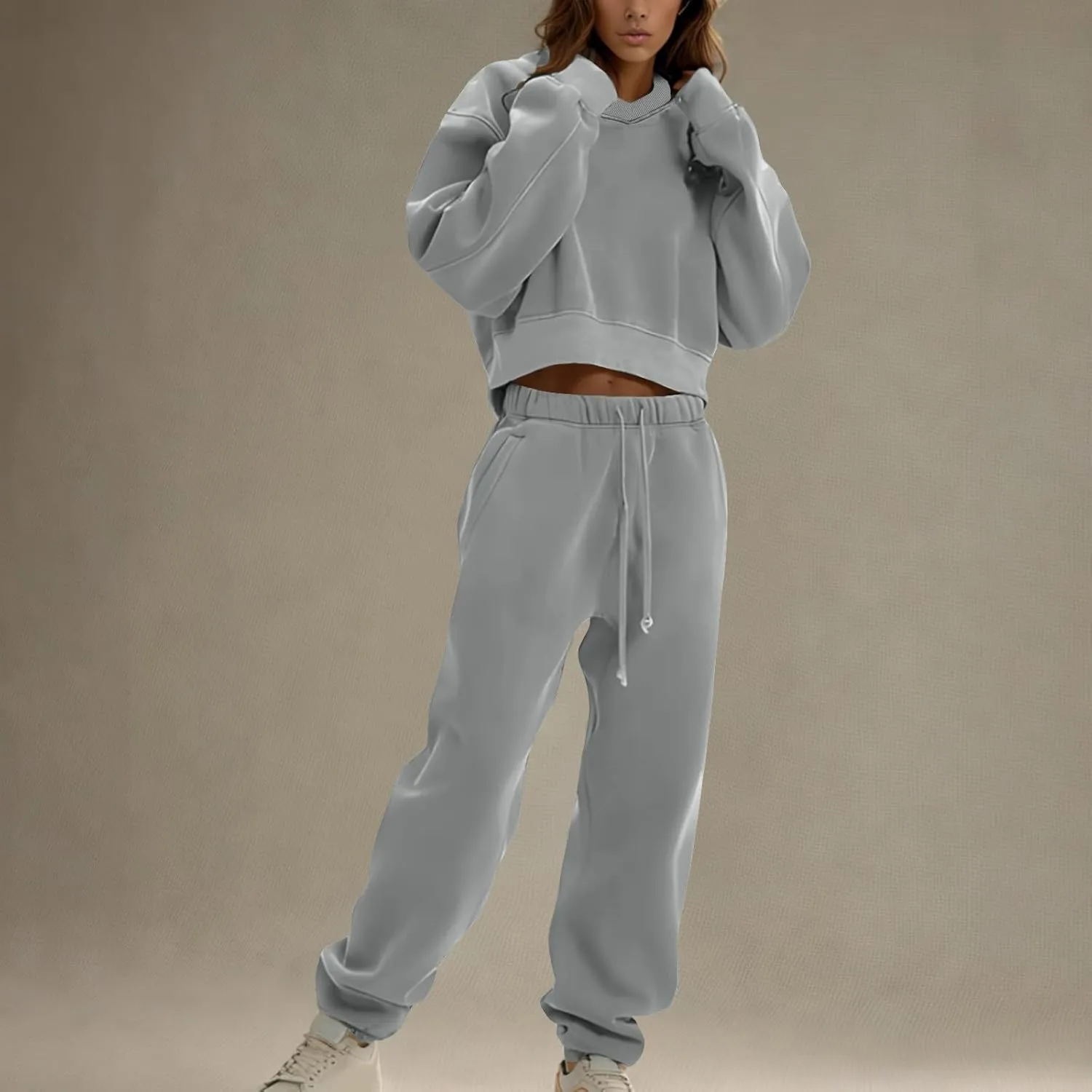 Lounge Sets for Women Crop Long Sleeve V Neck Sweatshirt Drawstring Joggers Sweatpants Suit Womens Fall Fashion 2024