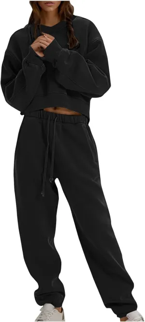 Lounge Sets for Women Crop Long Sleeve V Neck Sweatshirt Drawstring Joggers Sweatpants Suit Womens Fall Fashion 2024