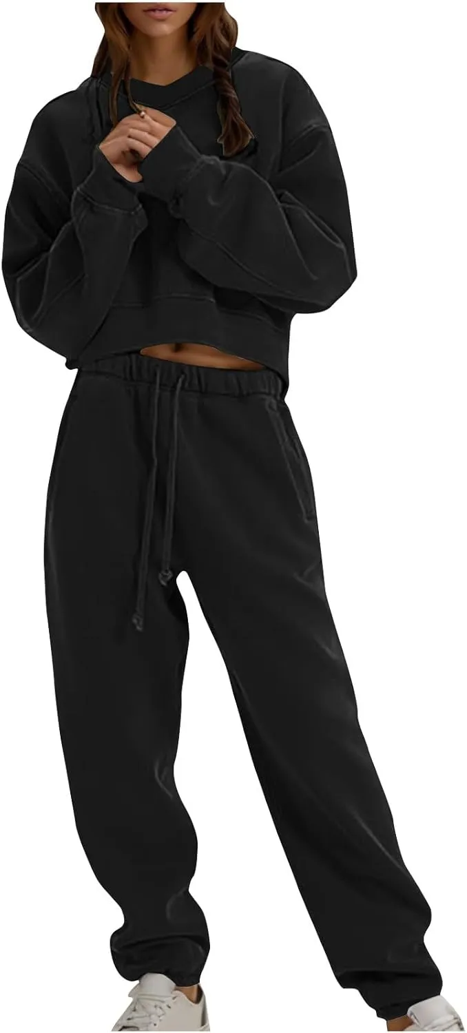 Lounge Sets for Women Crop Long Sleeve V Neck Sweatshirt Drawstring Joggers Sweatpants Suit Womens Fall Fashion 2024