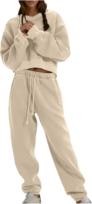 Lounge Sets for Women Crop Long Sleeve V Neck Sweatshirt Drawstring Joggers Sweatpants Suit Womens Fall Fashion 2024