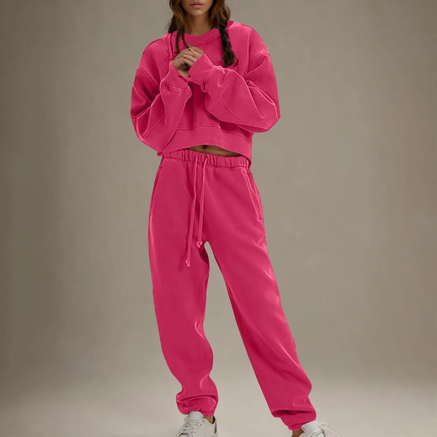 Lounge Sets for Women Crop Long Sleeve V Neck Sweatshirt Drawstring Joggers Sweatpants Suit Womens Fall Fashion 2024