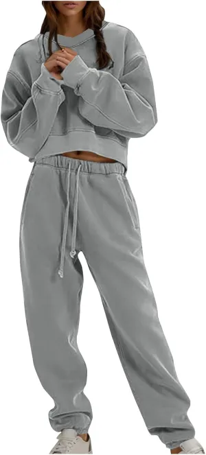 Lounge Sets for Women Crop Long Sleeve V Neck Sweatshirt Drawstring Joggers Sweatpants Suit Womens Fall Fashion 2024