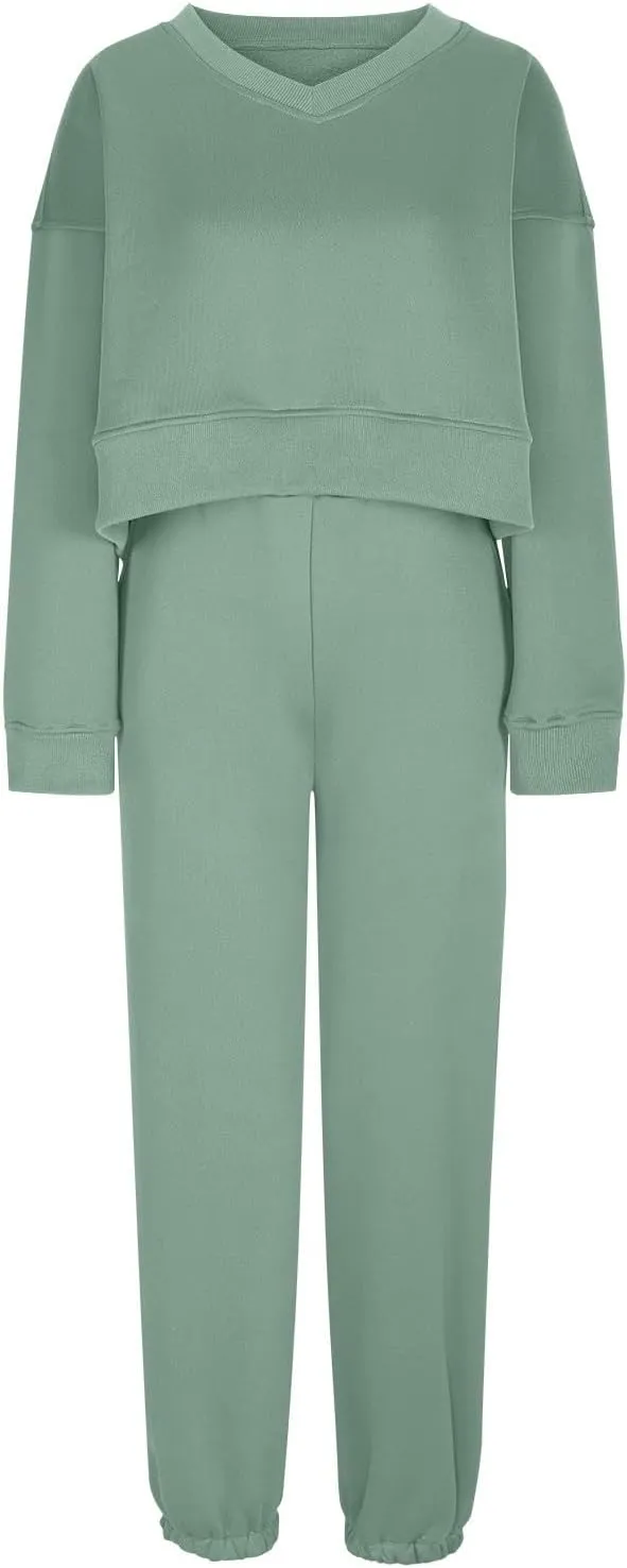 Lounge Sets for Women Crop Long Sleeve V Neck Sweatshirt Drawstring Joggers Sweatpants Suit Womens Fall Fashion 2024