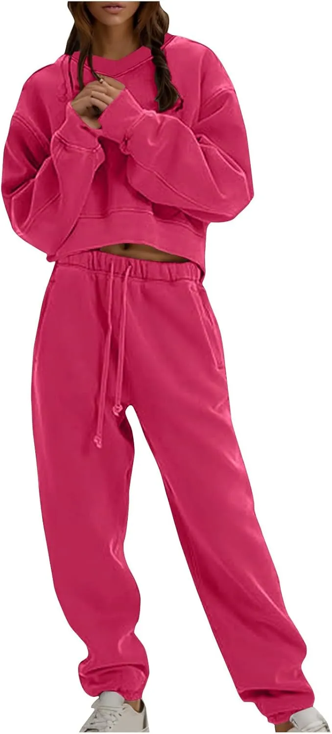 Lounge Sets for Women Crop Long Sleeve V Neck Sweatshirt Drawstring Joggers Sweatpants Suit Womens Fall Fashion 2024