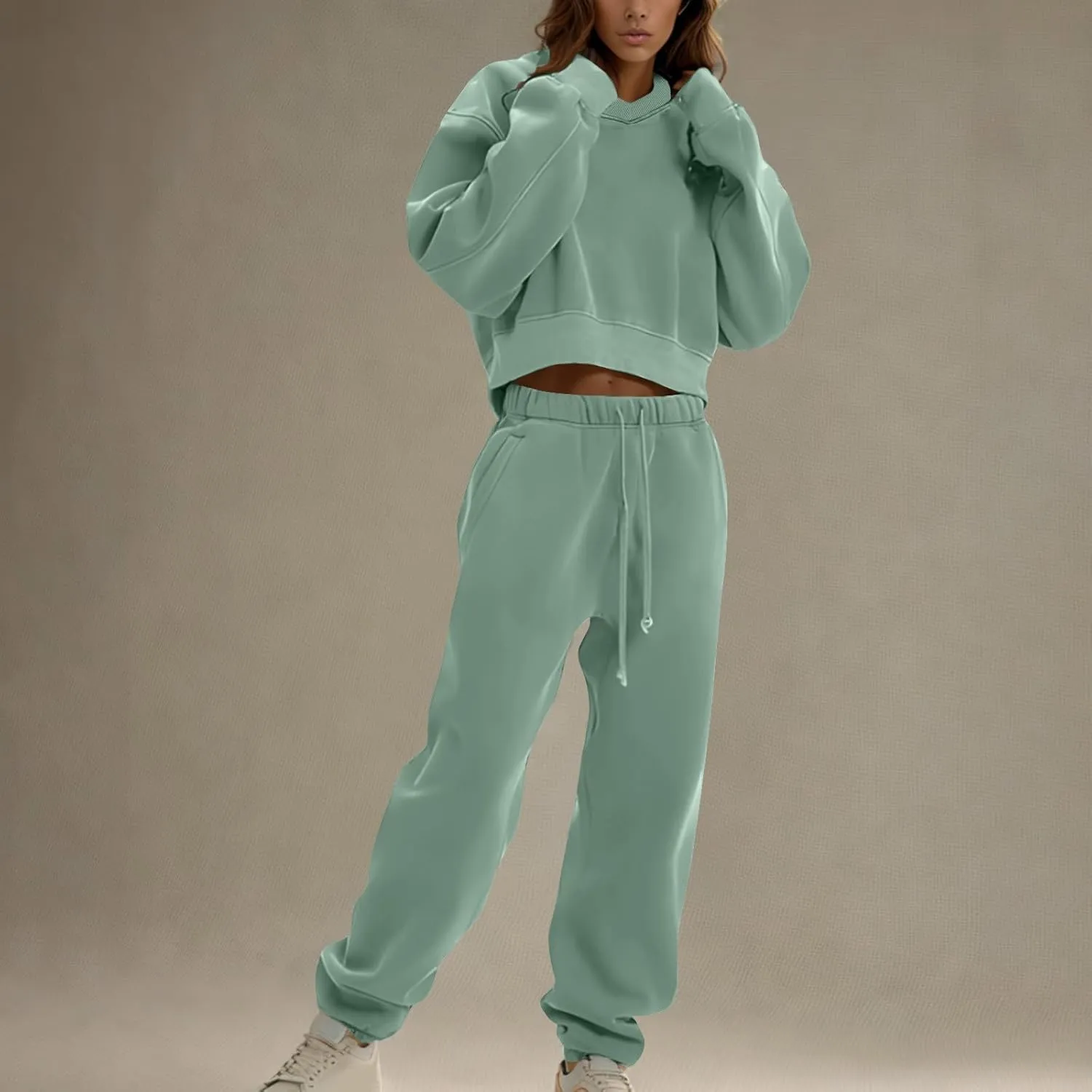 Lounge Sets for Women Crop Long Sleeve V Neck Sweatshirt Drawstring Joggers Sweatpants Suit Womens Fall Fashion 2024