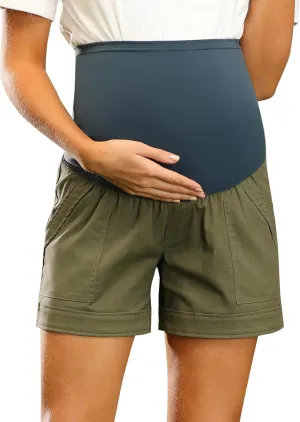 Maacie Maternity Shorts Linen Cotton Comfy Shorts with Pockets Over Belly