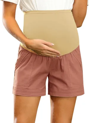 Maacie Maternity Shorts Linen Cotton Comfy Shorts with Pockets Over Belly