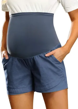 Maacie Maternity Shorts Over Belly Linen Cotton Comfy Shorts with Pockets