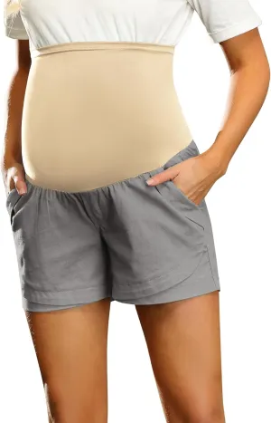 Maacie Maternity Shorts Over Belly Linen Cotton Comfy Shorts with Pockets