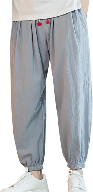 Men Drawstring Pants Summer Baggy Boho Solid Yoga Pants Loose Casual Elastic Waist Tapered Trouser with Pockets