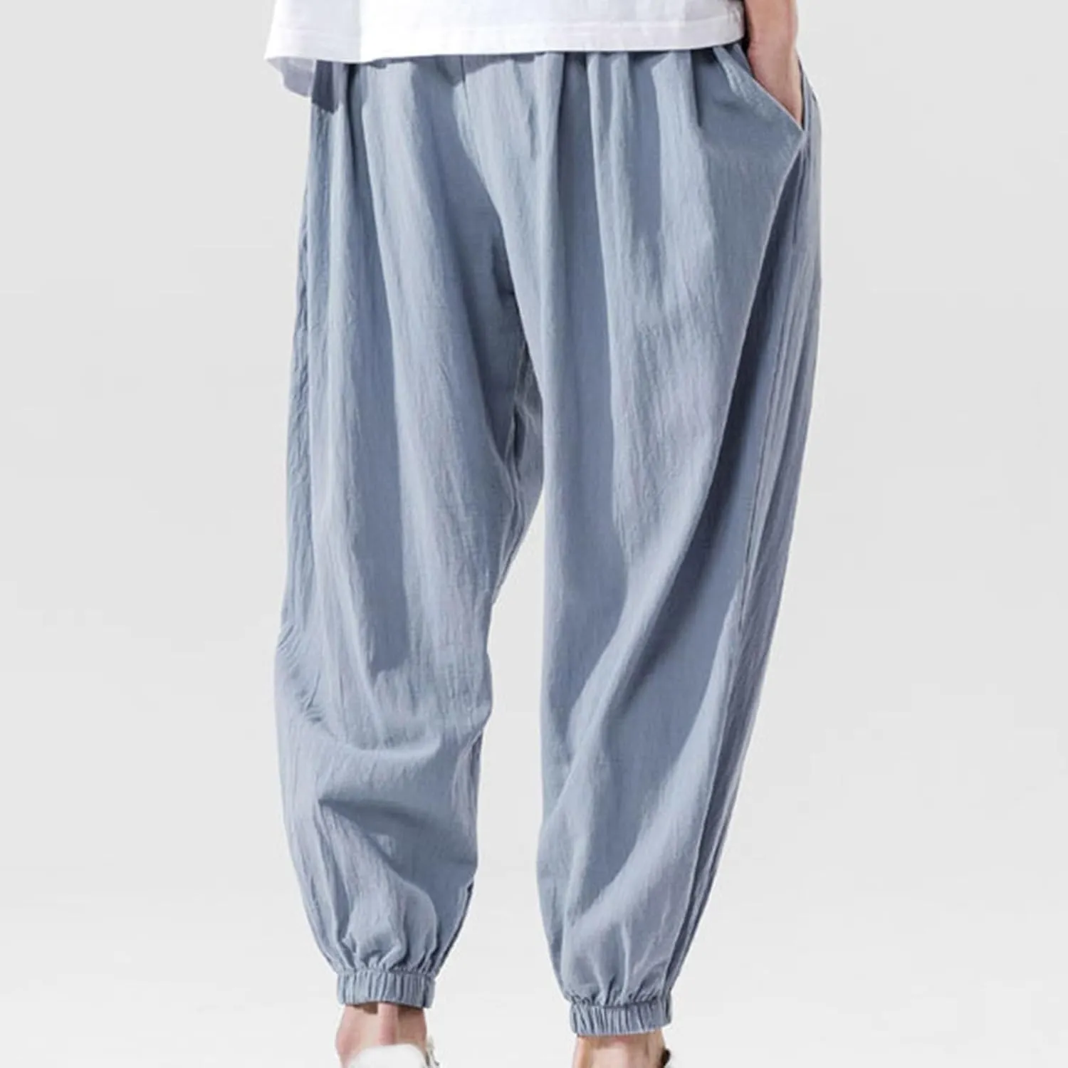 Men Drawstring Pants Summer Baggy Boho Solid Yoga Pants Loose Casual Elastic Waist Tapered Trouser with Pockets
