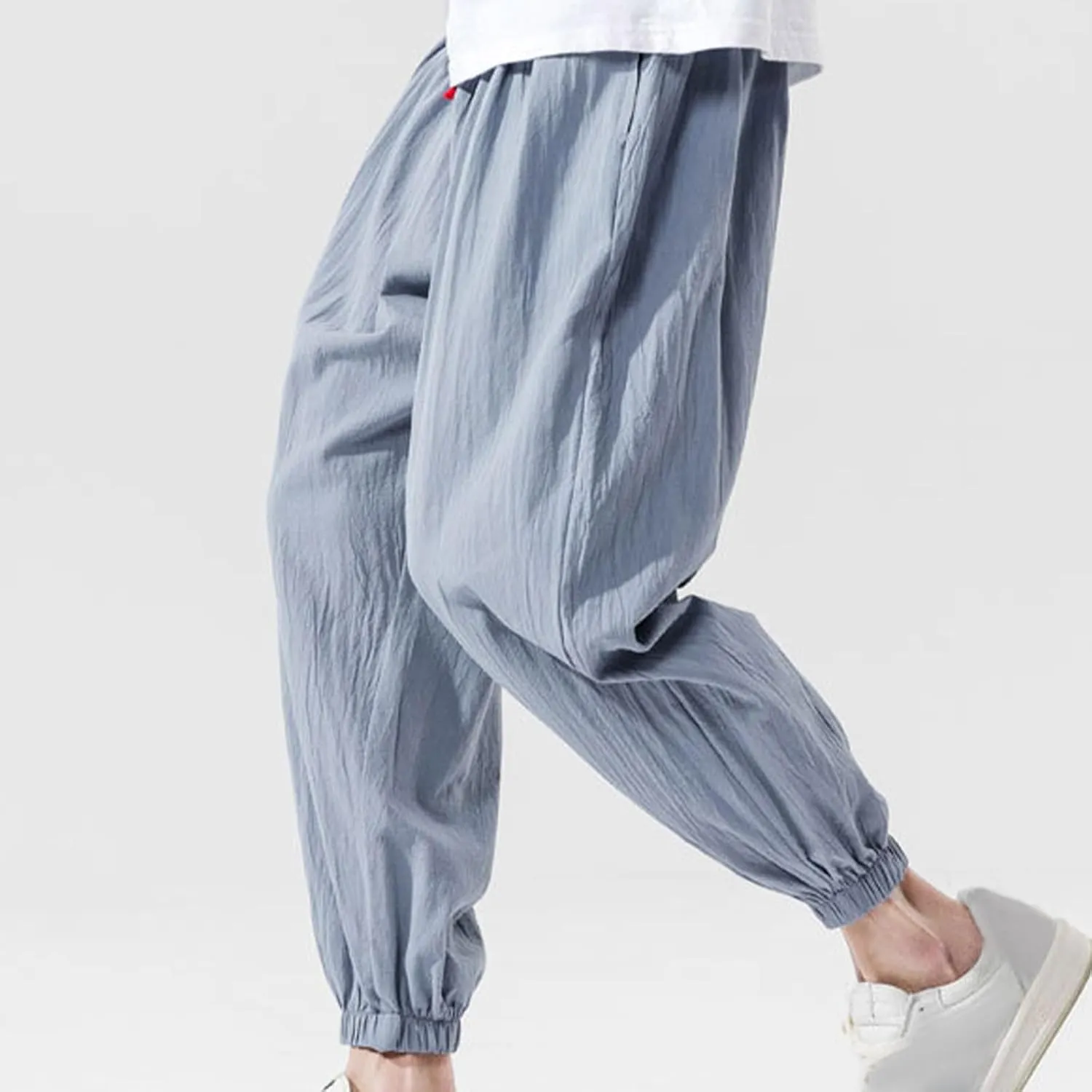Men Drawstring Pants Summer Baggy Boho Solid Yoga Pants Loose Casual Elastic Waist Tapered Trouser with Pockets