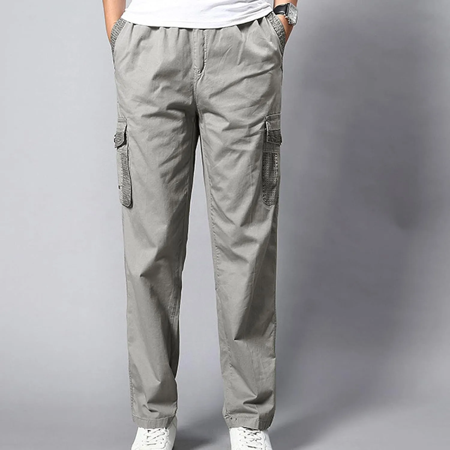 Men's Breathable Comfy Cotton Pants Elastic Waist Comfy Straight-Fit Sweatpants Fashion Casual Cargo Pants Multi Pockets