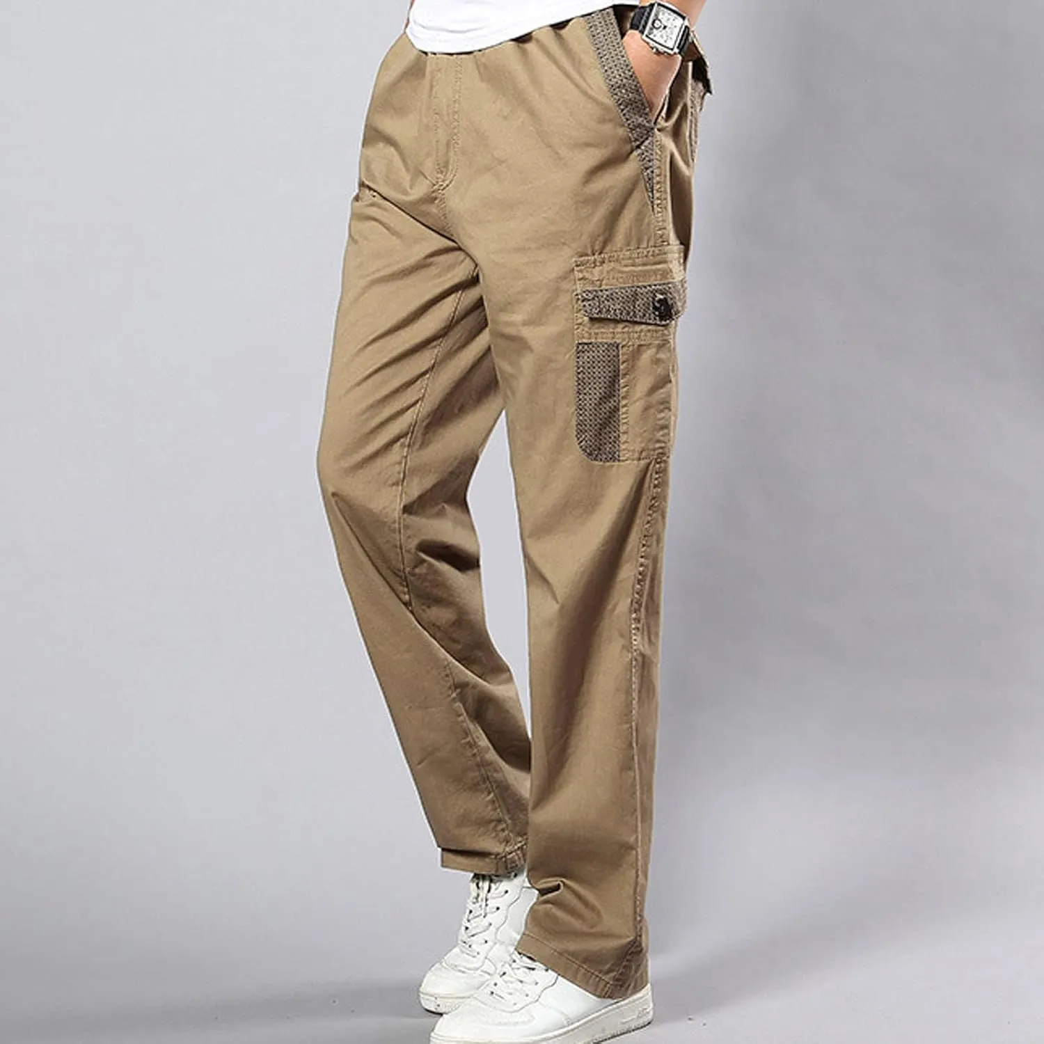 Men's Breathable Comfy Cotton Pants Elastic Waist Comfy Straight-Fit Sweatpants Fashion Casual Cargo Pants Multi Pockets