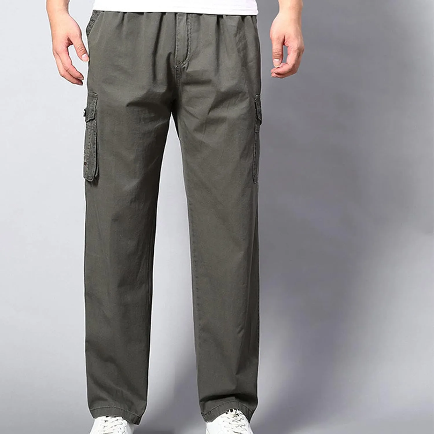 Men's Breathable Comfy Cotton Pants Elastic Waist Comfy Straight-Fit Sweatpants Fashion Casual Cargo Pants Multi Pockets