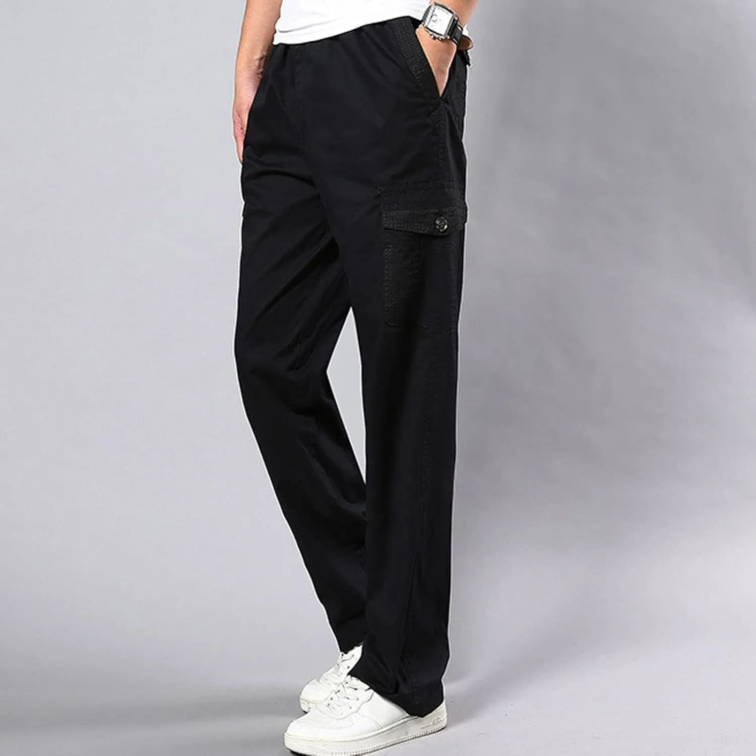 Men's Breathable Comfy Cotton Pants Elastic Waist Comfy Straight-Fit Sweatpants Fashion Casual Cargo Pants Multi Pockets