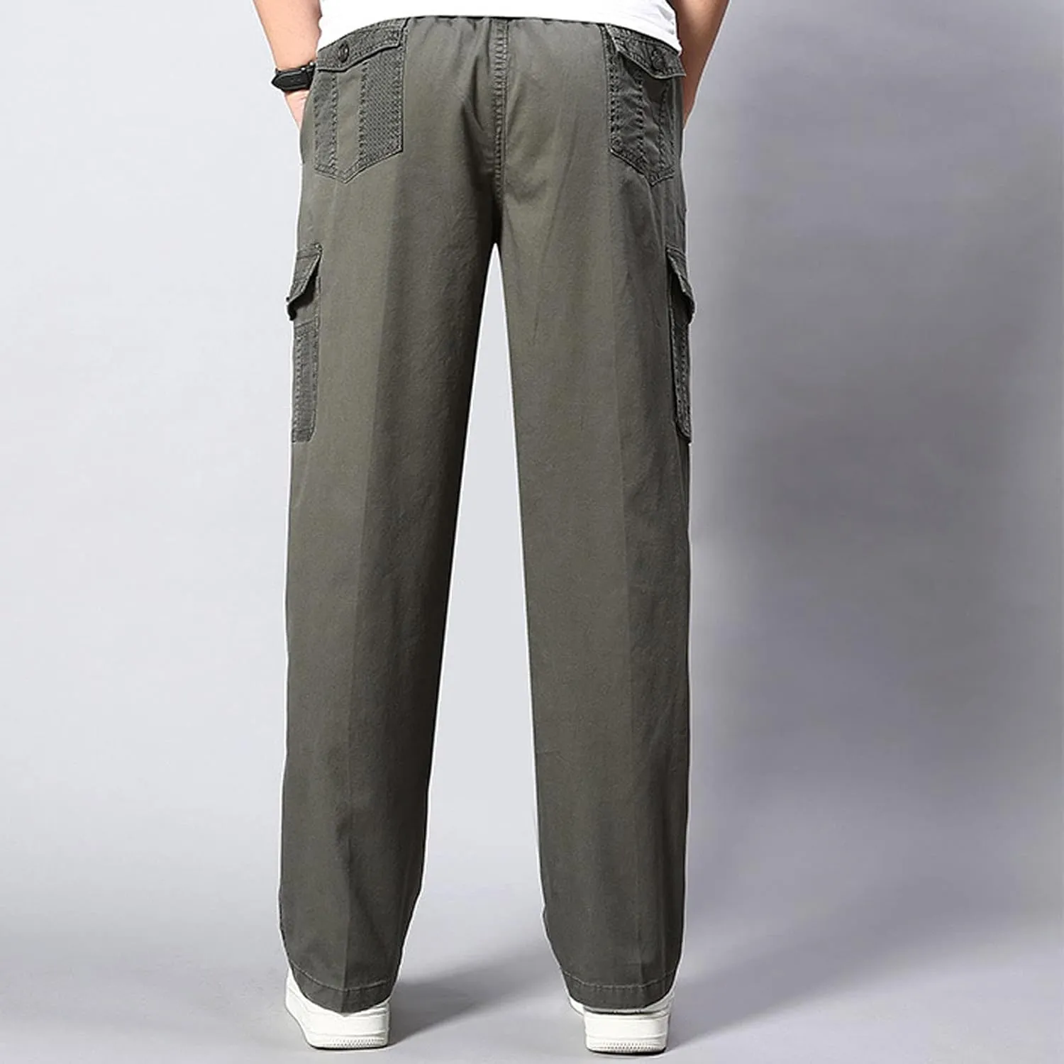 Men's Breathable Comfy Cotton Pants Elastic Waist Comfy Straight-Fit Sweatpants Fashion Casual Cargo Pants Multi Pockets