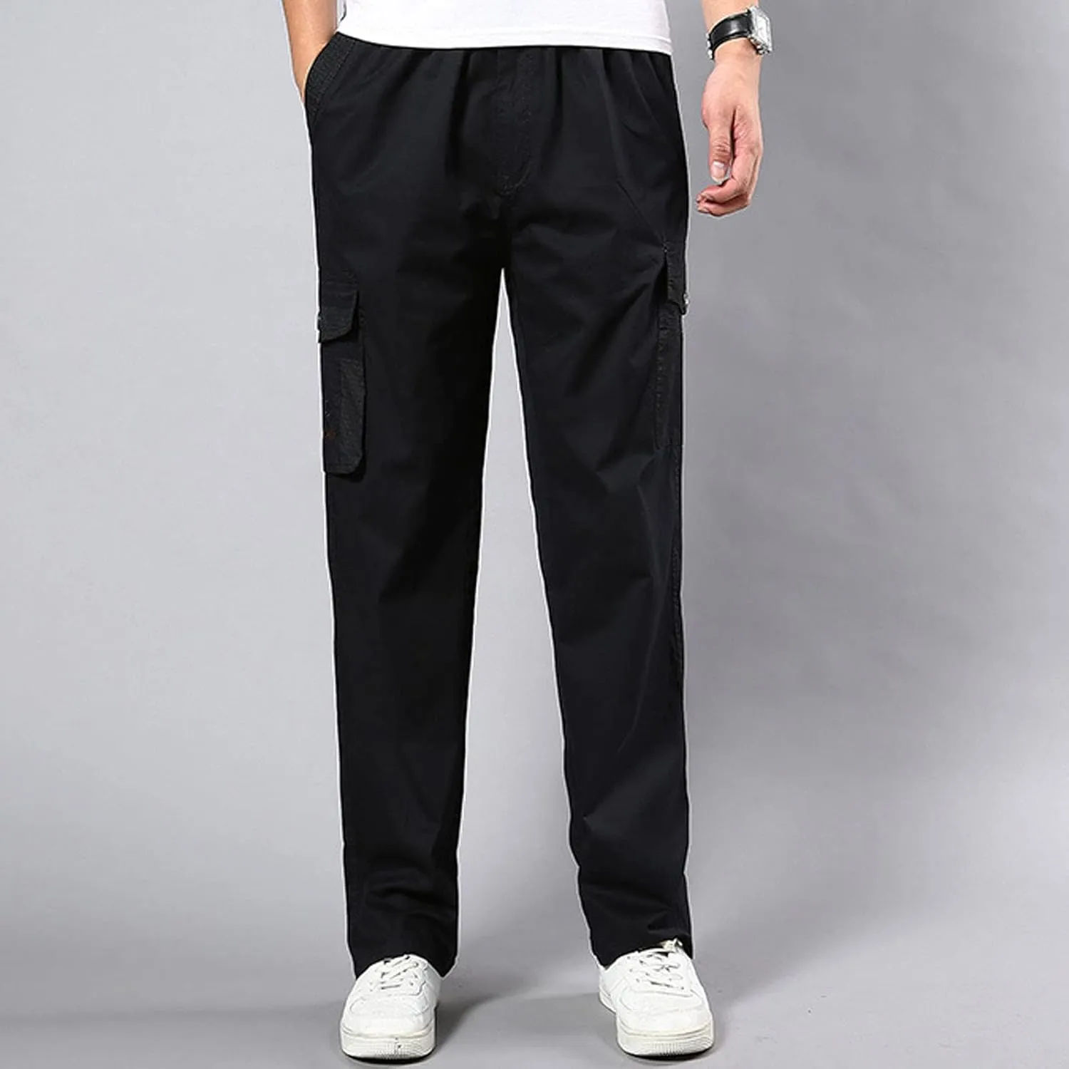 Men's Breathable Comfy Cotton Pants Elastic Waist Comfy Straight-Fit Sweatpants Fashion Casual Cargo Pants Multi Pockets