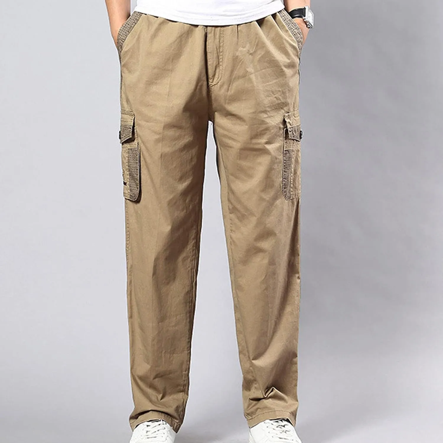 Men's Breathable Comfy Cotton Pants Elastic Waist Comfy Straight-Fit Sweatpants Fashion Casual Cargo Pants Multi Pockets