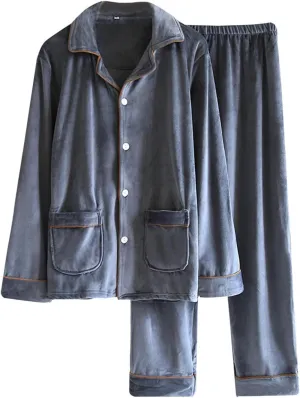 Men's Cozy Fleece Pajama Lounge Set, Warm Soft Long Sleeve Shirt and Pants Pjs Set Sleepwear