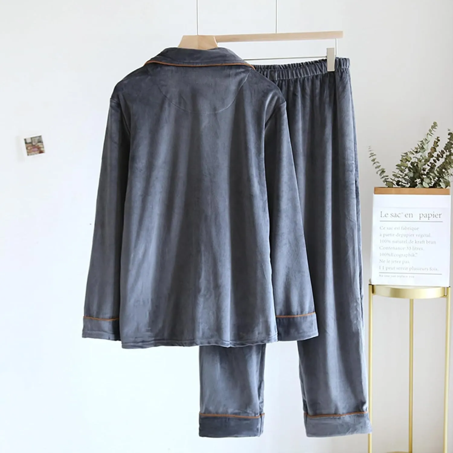 Men's Cozy Fleece Pajama Lounge Set, Warm Soft Long Sleeve Shirt and Pants Pjs Set Sleepwear