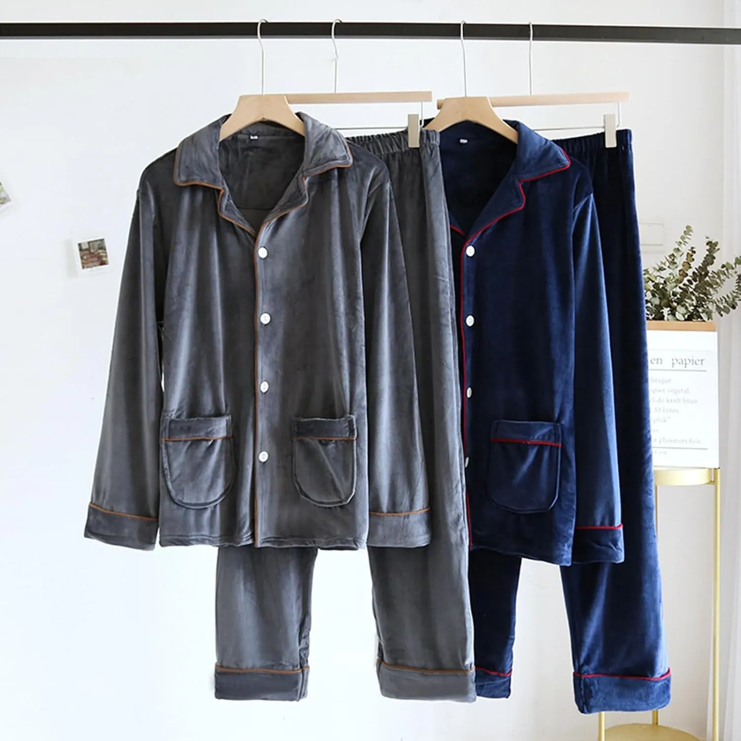 Men's Cozy Fleece Pajama Lounge Set, Warm Soft Long Sleeve Shirt and Pants Pjs Set Sleepwear