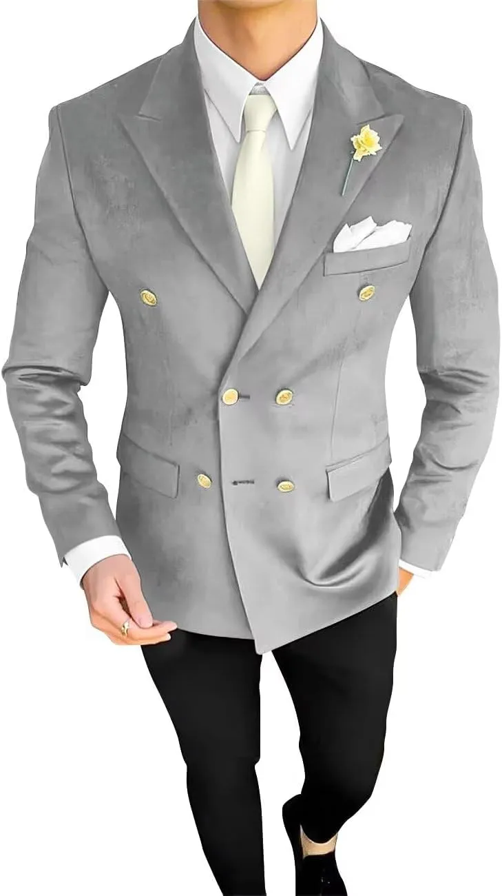 Men's Double Breasted Velvet Blazer Jacket Sport Coats Formal Classic Fit Business Dinner Party Wedding Suit