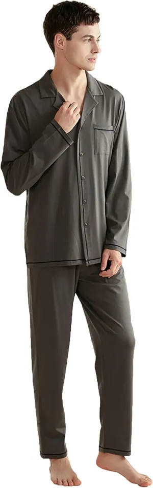 Men's Modal Sleepwear Button-Down Lounge Soft Pajamas Long Sleeves And Pants Set