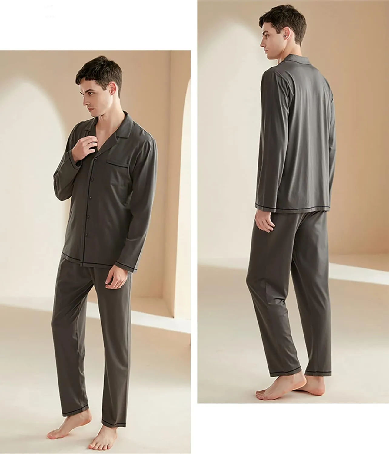 Men's Modal Sleepwear Button-Down Lounge Soft Pajamas Long Sleeves And Pants Set