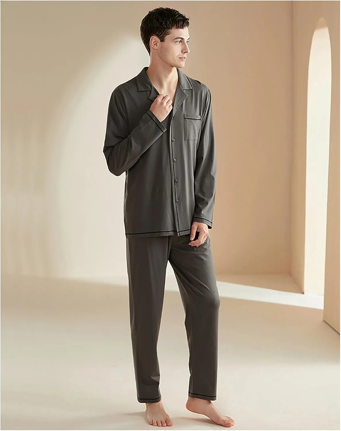Men's Modal Sleepwear Button-Down Lounge Soft Pajamas Long Sleeves and Pants Set